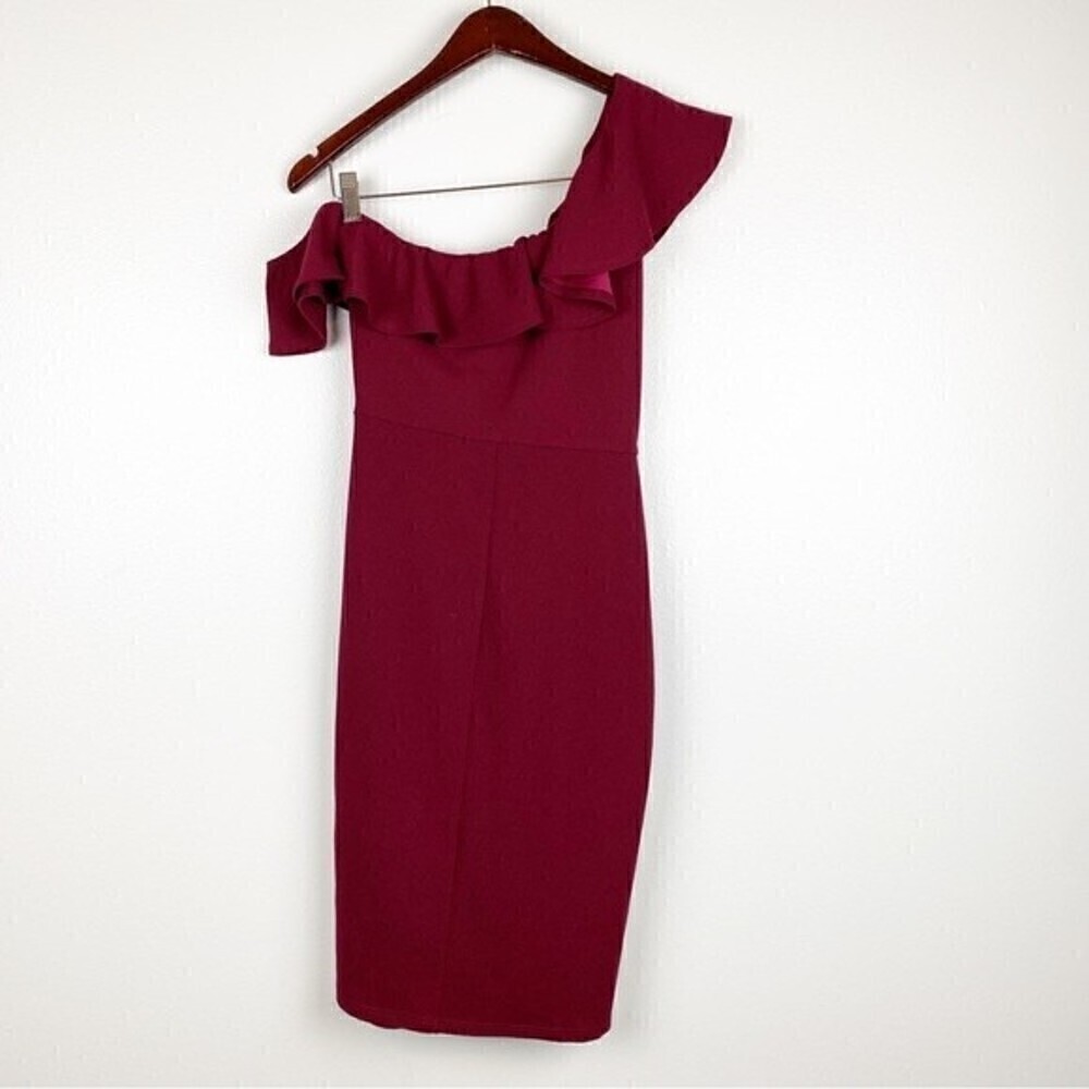 Lulu's Give Me a Beat Burgundy Asymmetrical One Shoulder Bodycon Midi Dress Sz S - Picture 5 of 8